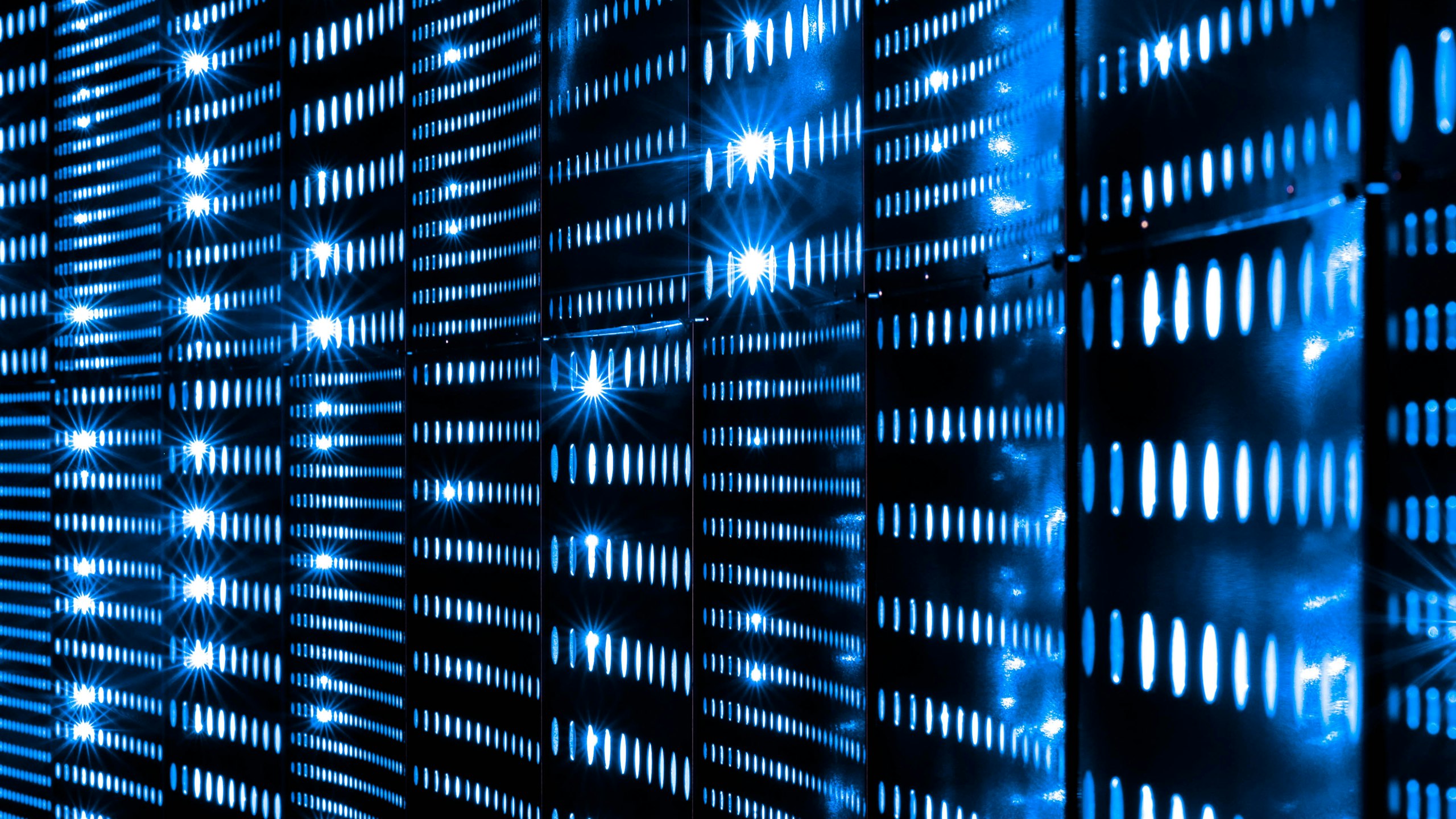 A wall of blue server-panel lights in a data centre